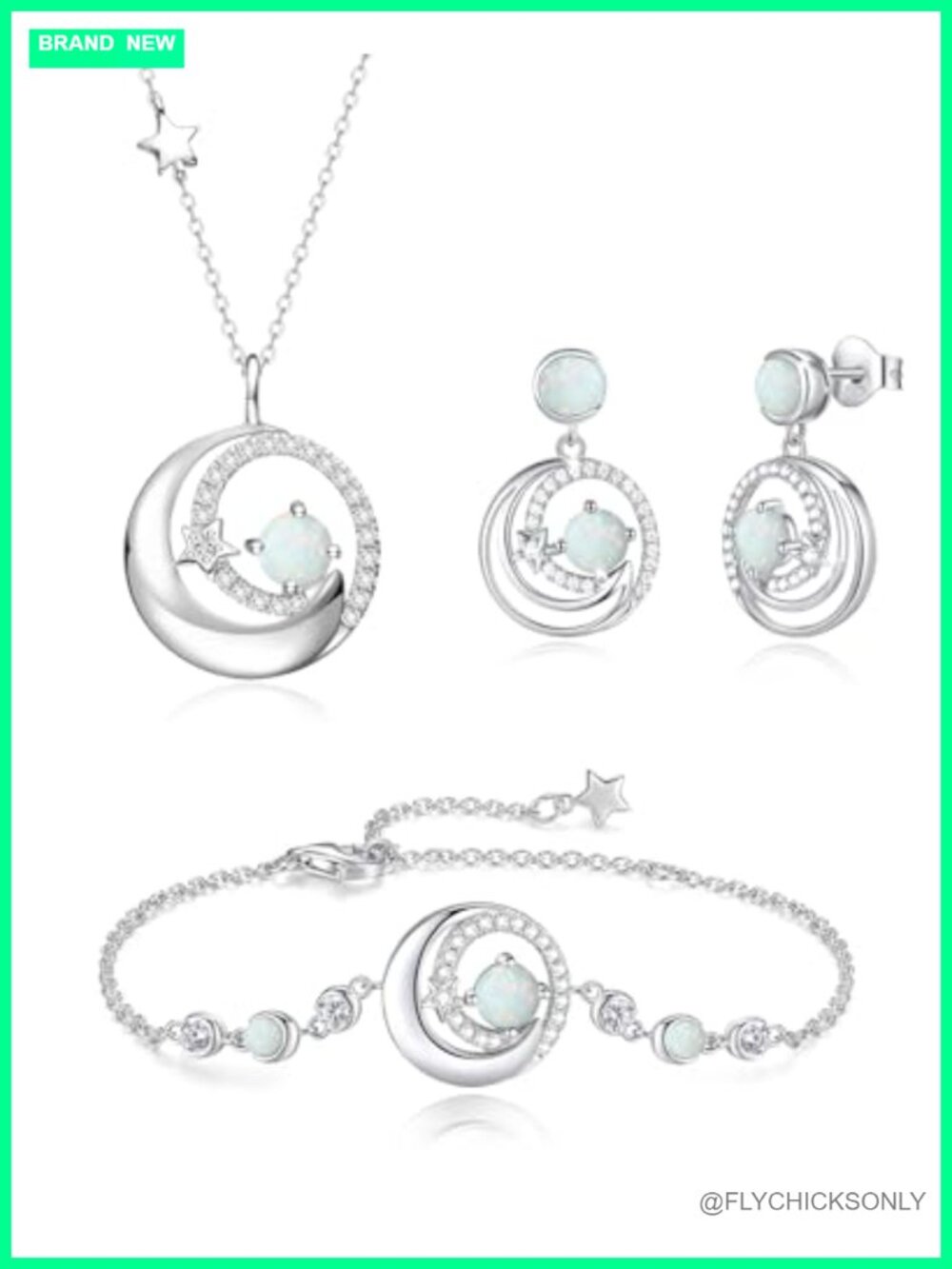 925 Sterling Silver Opal Moon Star Jewelry Set Necklace Bracelet Earrings
